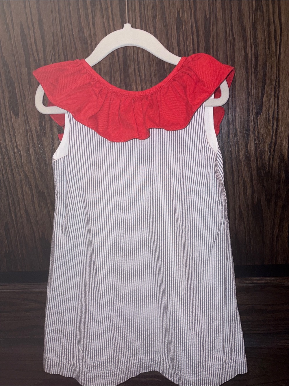 Girls Red Ruffle Neck Seersucker Dress